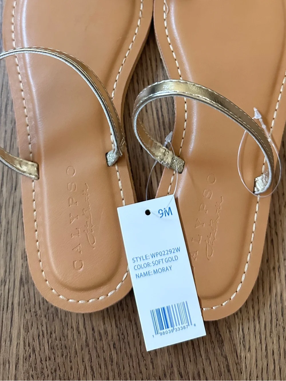 NWT. Calypso St. Barth Gold Shell-Toe Toe-Loop Sandals with Tan Footbed size 9M